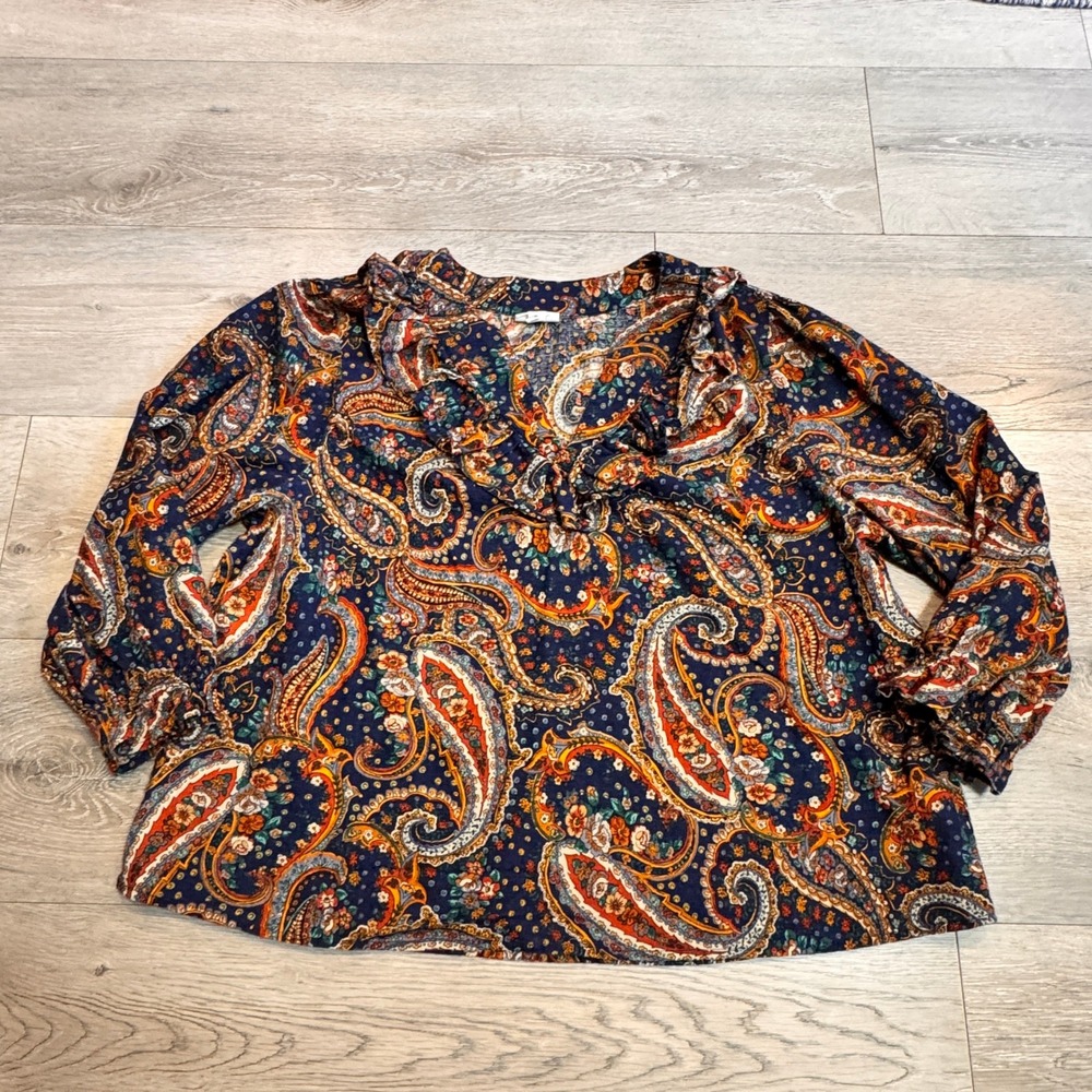 a.n.a Paisley Blouse Ruffle V-Neck Cotton IndiaTop Bohemian XL Xlarge Thick